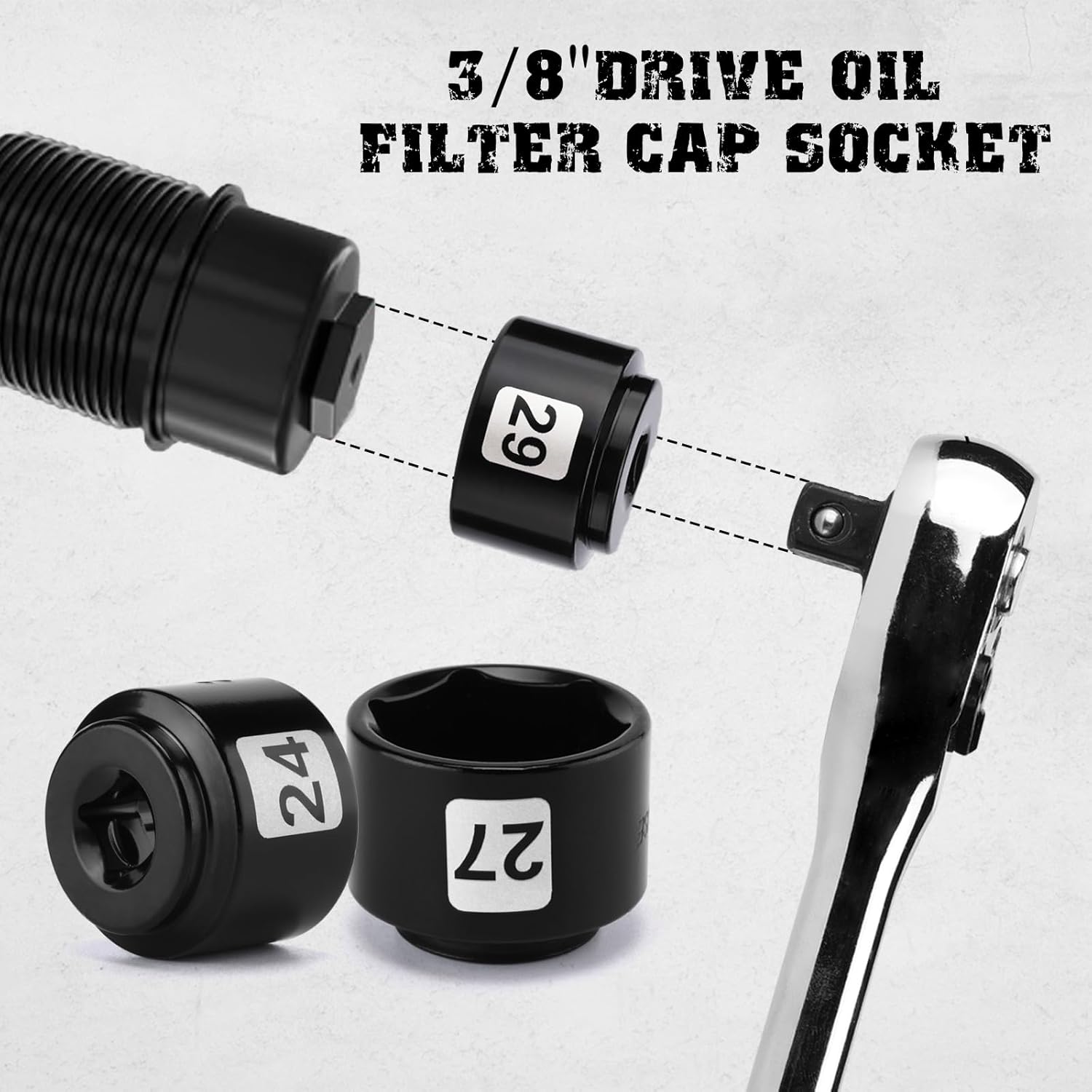 Mayouko 8 Pieces 3/8" Drive Low Profile Oil Filter Cap Wrench Socket Set, 24mm, 27mm,28mm,29mm,30mm,32mm,36mm,38mm,CR-V, Oil Filter Cap Remove and Install Tool Kit