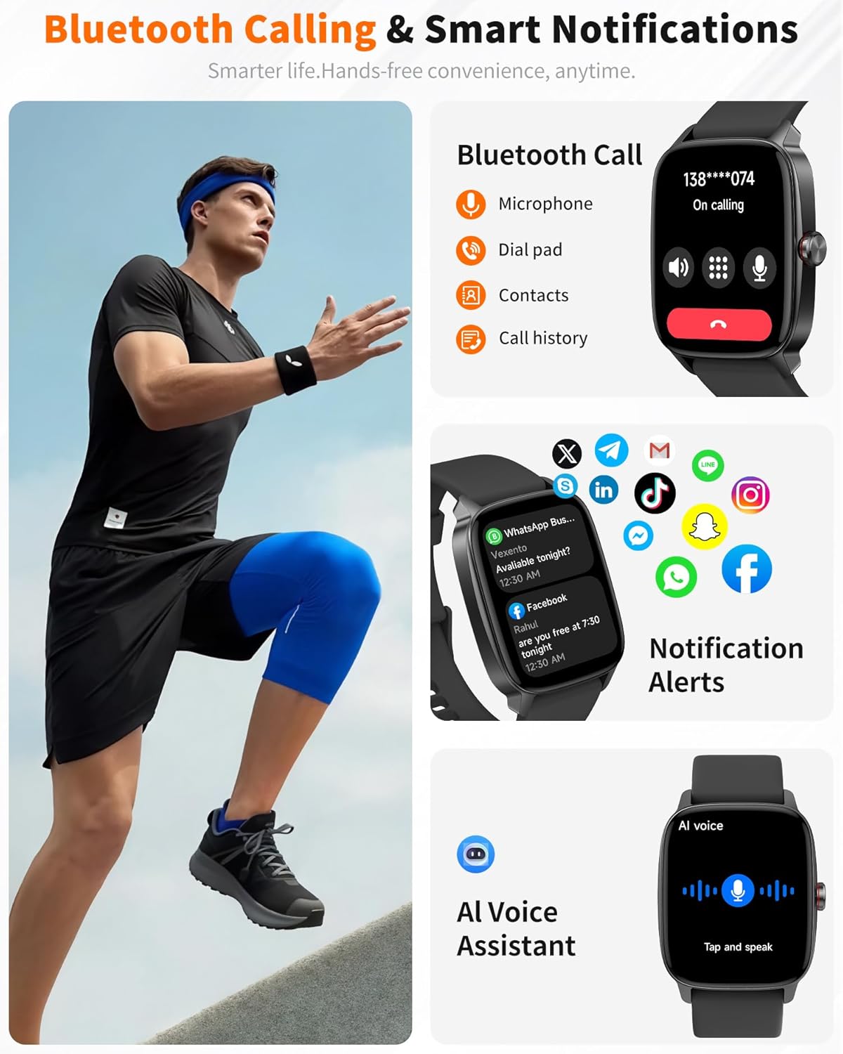 Smart Watch for Men Women Bluetooth Call, 1.85" HD Touch Screen AI Voice Smartwatch, Fitness Tracker with Sleep/Heart Rate Monitor, 100+ Sports Modes, IP68 Waterproof, Compatible with Android & iOS - Image 2