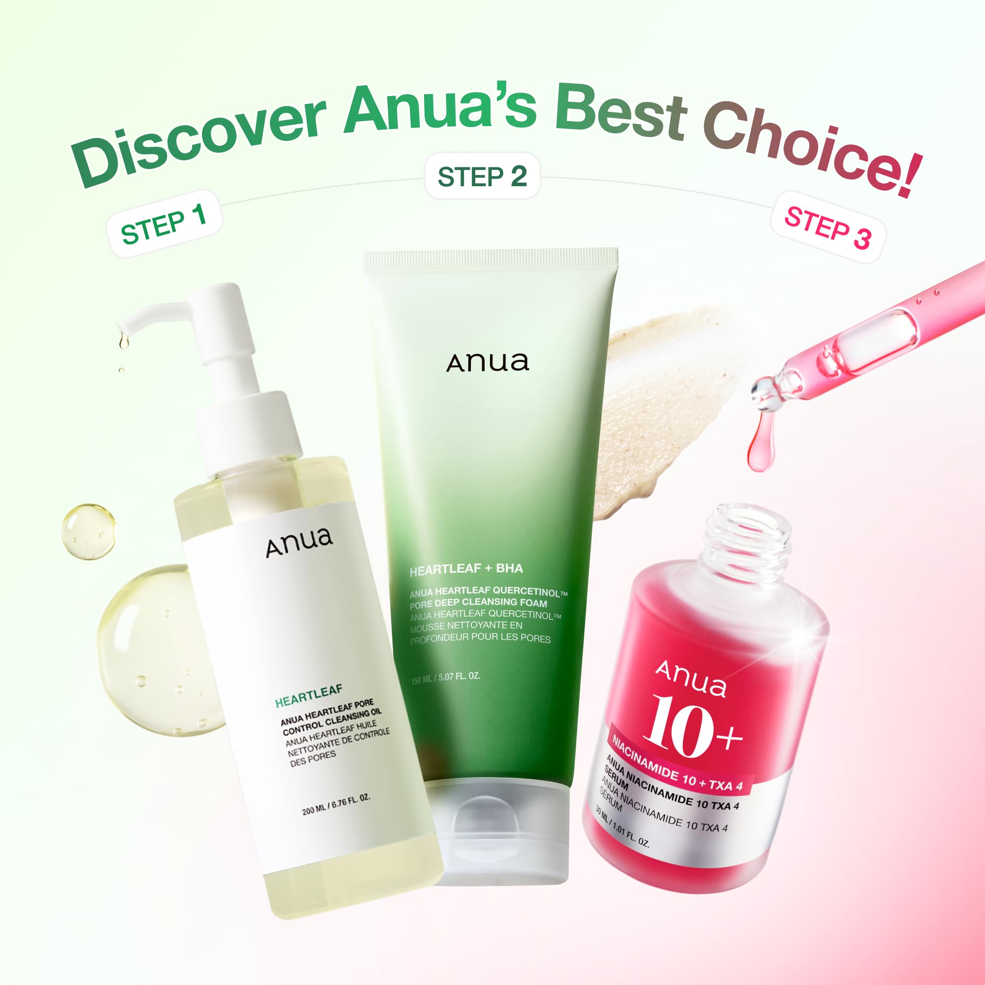 Anua 3-Step Glass Skin Beginner Set, Reinigungsöl und Face Wash mit Gesichtsserum, Doppelreinigungs-Tagesroutine mit Niacinamid, Korean Skin Care Set