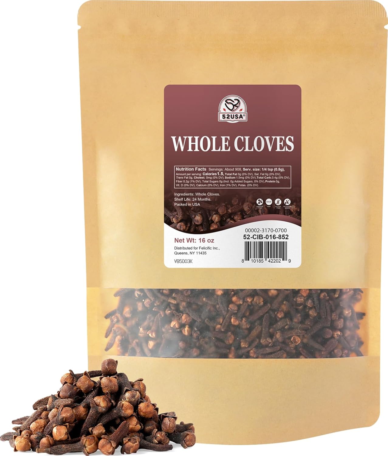 52USA Cloves 16oz in Bag | Whole, Fresh & Aromatic Cloves | Premium Spice for Cooking, Baking, & Tea | Natural, Non-GMO, Kosher Certified