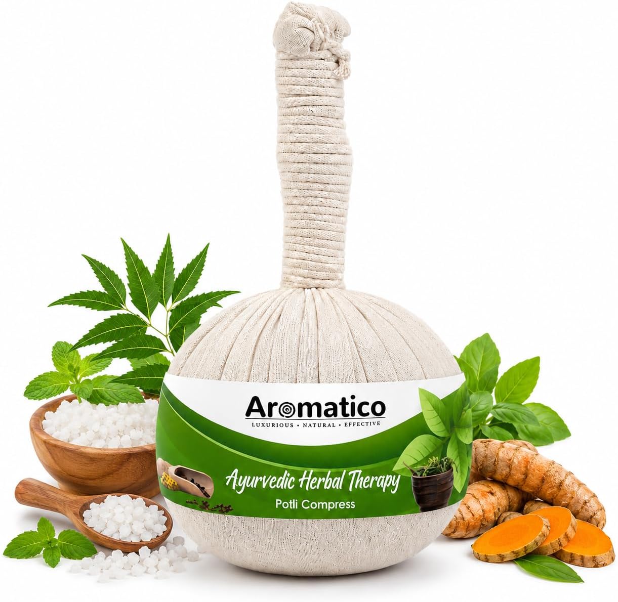 AROMATICO 100% Ayurvedic Herbal Massage Potli. Helps in Pain Relief, with healing power of Turmeric (Haldi), Neem & 17 ancient herbs. 200gm