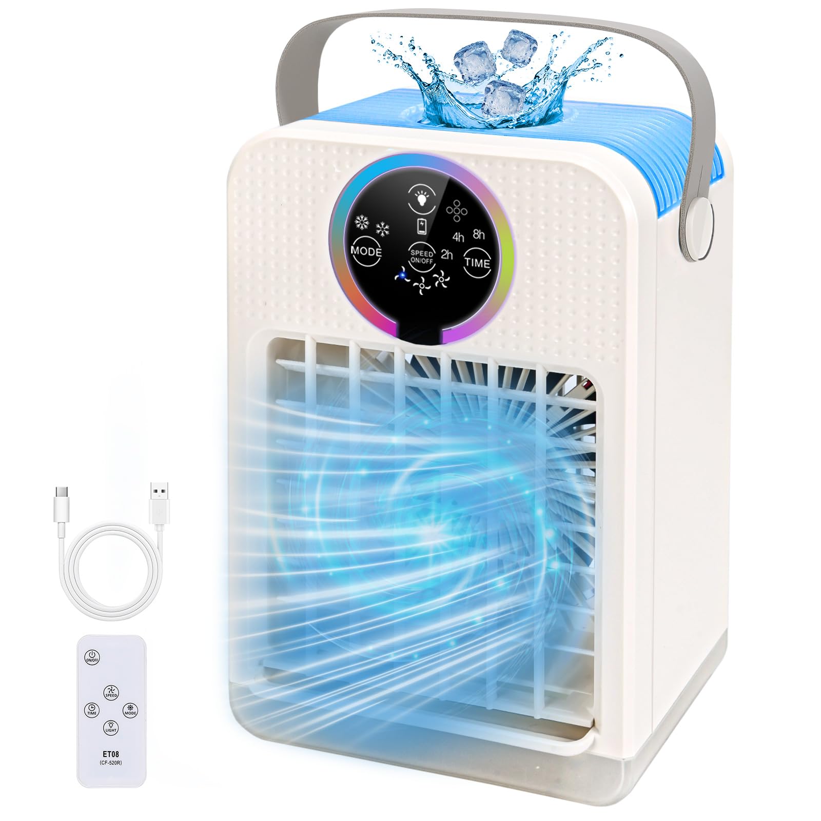 4-IN-1 Portable Air Conditioners, 700ML Evaporative AC Air Cooler Humidifier with 3 Speeds 7 Colors Light & 2~8h Timer Personal Mini Conditioner, Desktop Cooling Fan for Home Room Office