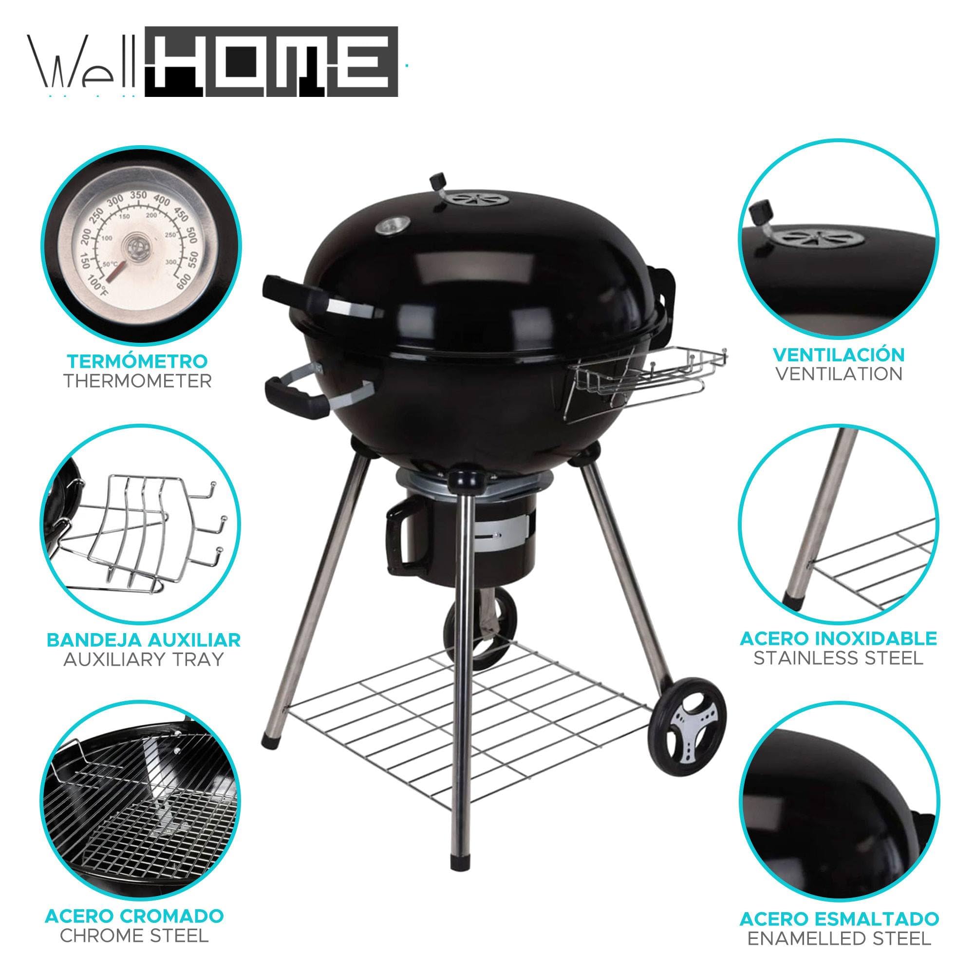 Well Home Barbacoa de carbón H.99cm en 4 Patas y Ruedas