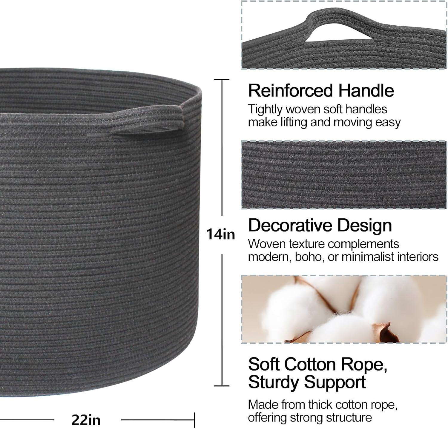 Extra Large Blanket Basket, 22"x14" Woven Cotton Rope Baskets for Organizing, Kids Dog Toy Bin Box, Large Wicker Blanket Storage for Living Room, Throw Pillow Holder Organizer, Dark Gray