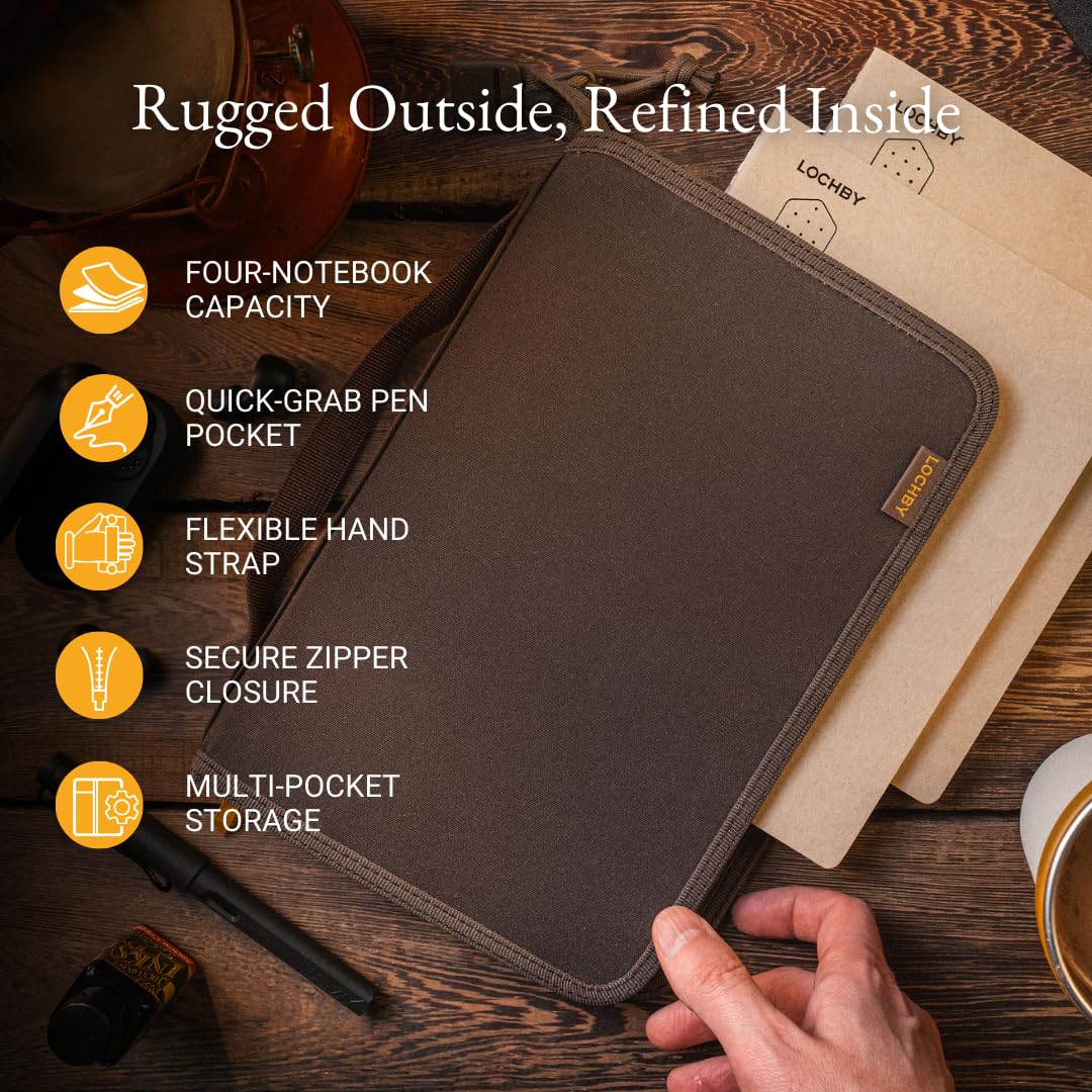 LOCHBY® Field Folio A5 | Couverture de carnet de journal à fermeture éclair | Toile cirée résistante à l'eau | Carnet Tomoe River inclus | Parfait pour le voyage, l'art, le bullet journal