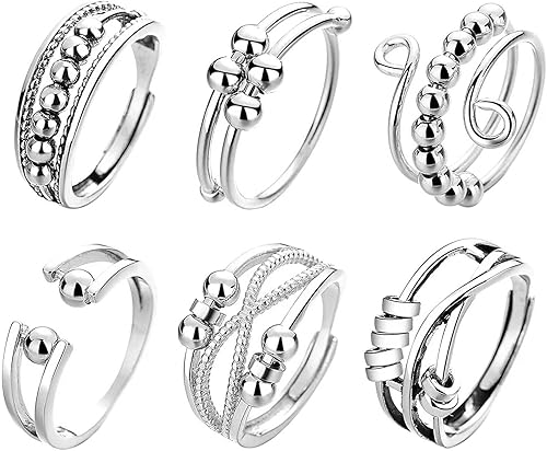 Miniatura 1 de 6 piezas de anillos giratorios de ansiedad para mujer, anillos con cuentas para aliviar el estrés, estilo ajustable_GHT-875-699
