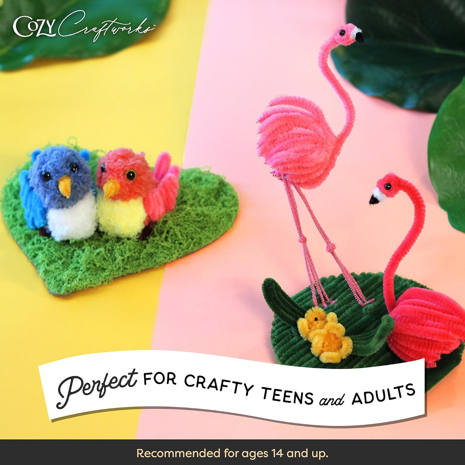 WeVeel Cozy Craftworks Chenille Stem Animal Craft Kit for Adults – CC Love Birds & Flamingos Bundle – Relaxing DIY Arts & Crafts Kit with All Supplies