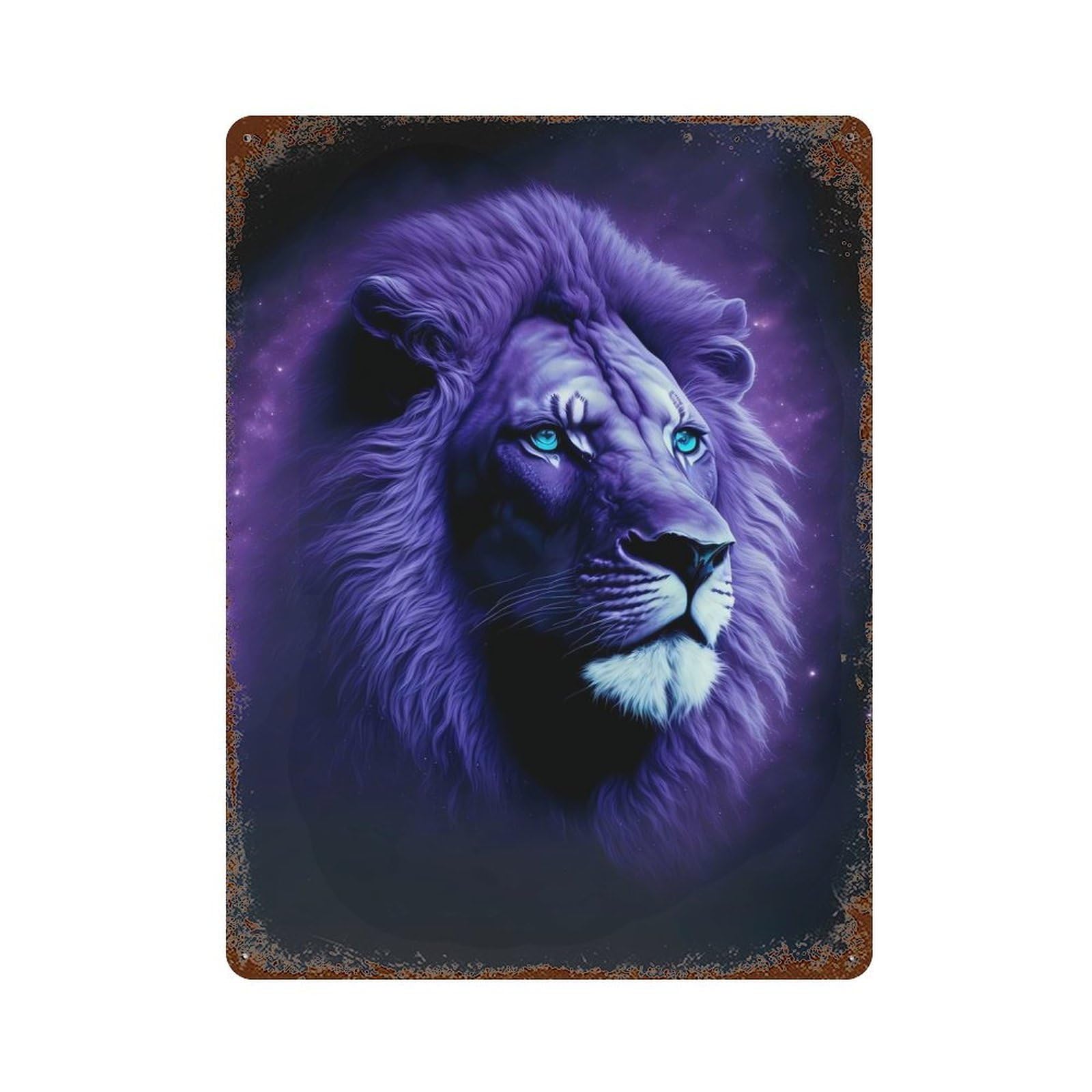 Lion Purple Backgroun Weathered Tin Sign 15.7"x11.8", Shabby Chic Decor for Garage, Pub Or Kitchen
