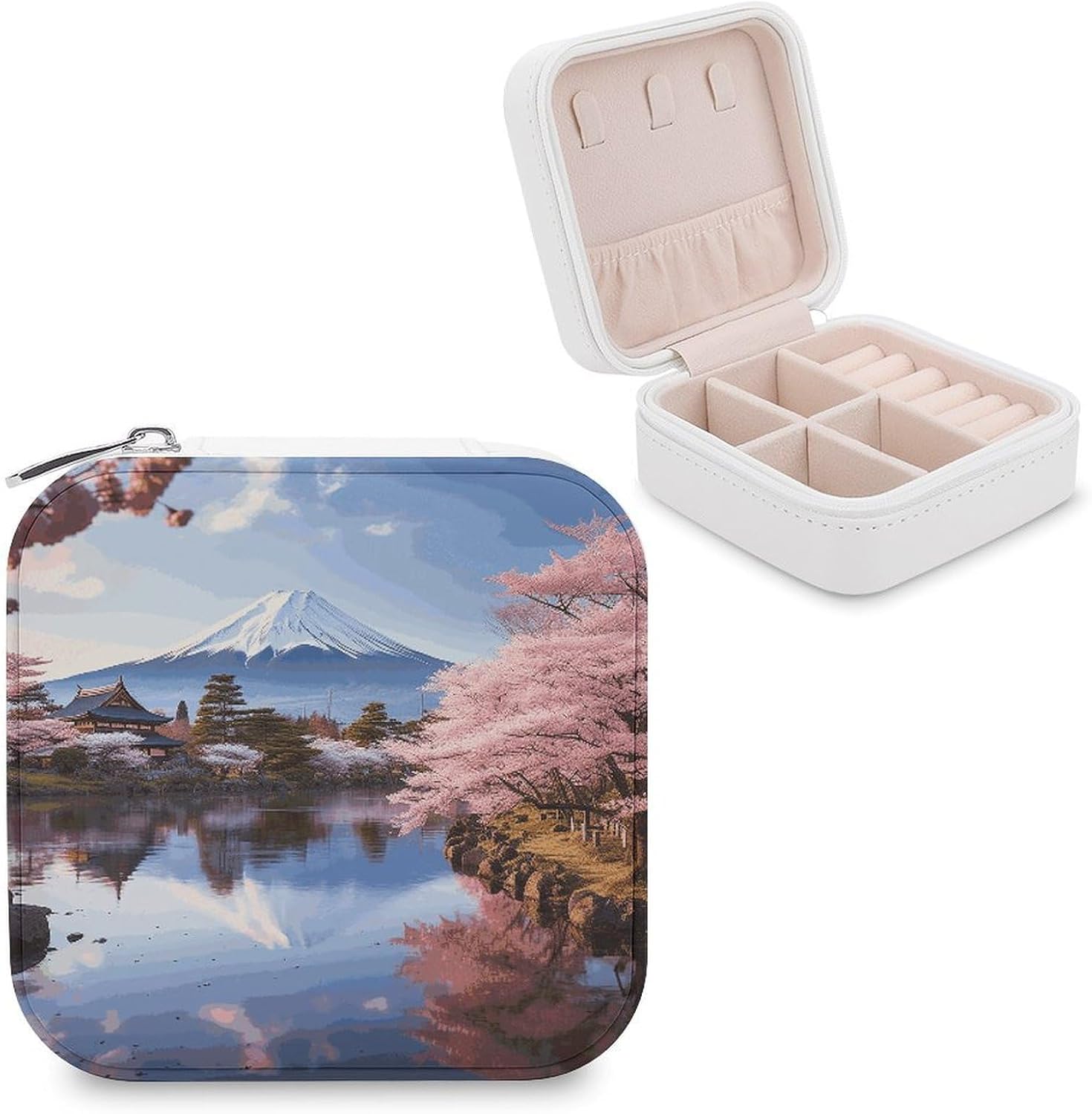 Mount Fuji Cherry Blossom Trees Jewelry Box PU Leather Mini Jewelry Case Personalized Jewelry Case Portabl Jewelry Box for Womens Rings Earrings Necklaces Bracelets Watch Gifts