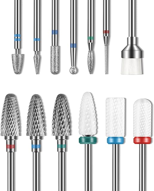 13PC Nail Drill Bits Set, Drill Bits for Nails, 3pcs Tungsten Carbide Drill Bits+ 3pcs Ceramic Efile Nail Drill Bits+ 6pcs Diamond Drill Bits+ 1pcs Brush, 3/32 inch Nail Bits for Nail Drill