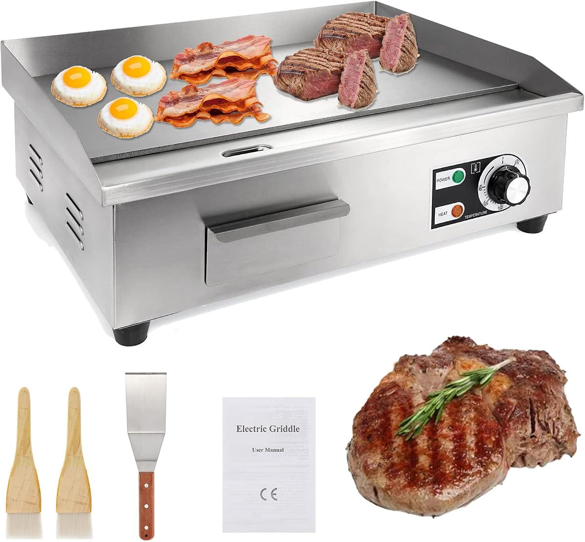 IRONWALLS Commercial Electric Griddle 22”, 3000W Electric Flat Top Griddle Grill Indoor, 122~572℉ Adjustable Temperature Control, Non-stick Stainless Steel Grill for Restaurant, Fits for 20-Amp Outlet | 122~572℉ Adjustable Temperature Control, Non-stick Stainless Steel Countertop Flat Top Grill 110V for Restaurant