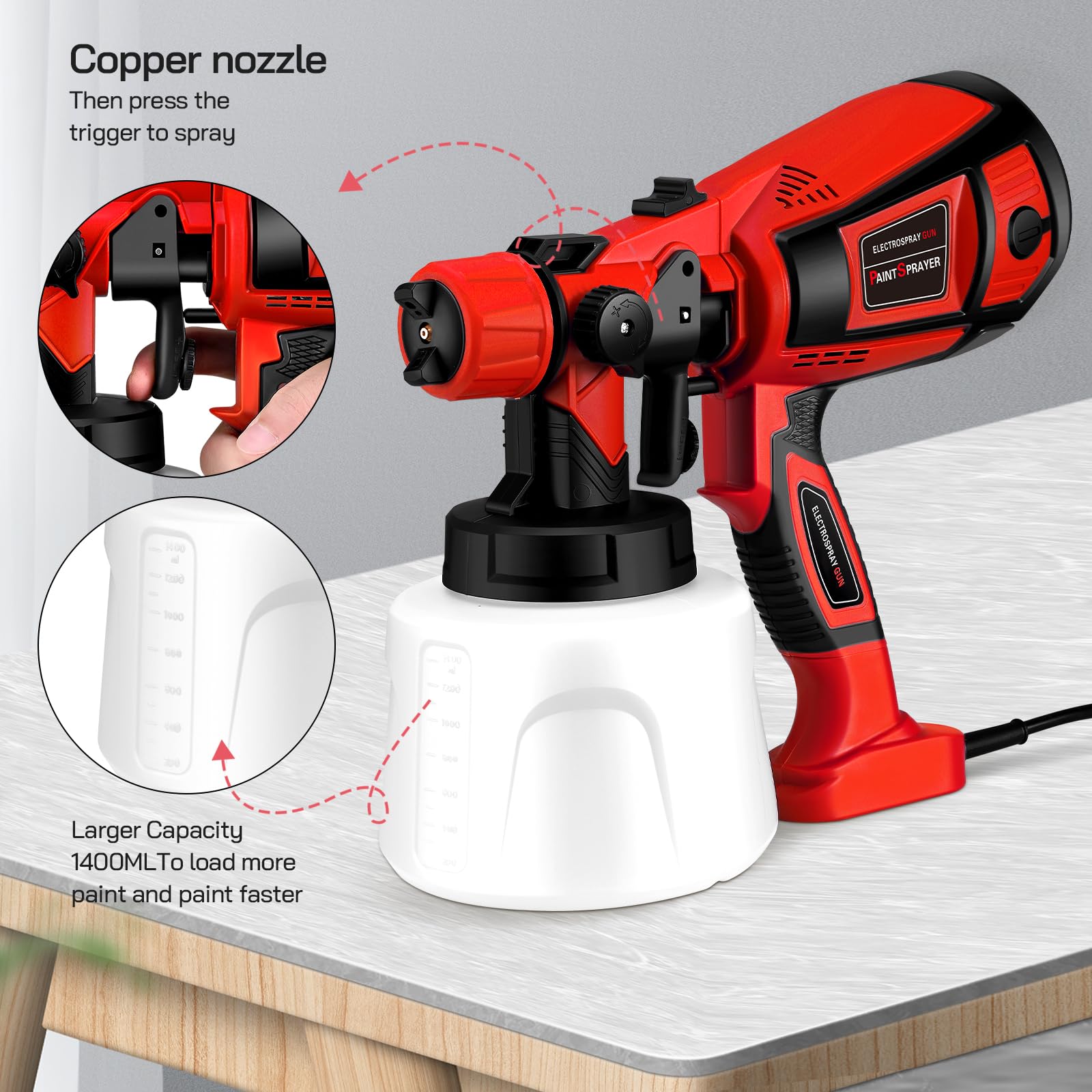 Pistola per vernice, 800 W HVLP spray per vernice elettrica con contenitore da 1400 ml, portata massima di 1000 ml/min,4 ugelli per la spruzzatura e la pulizia del fai da te