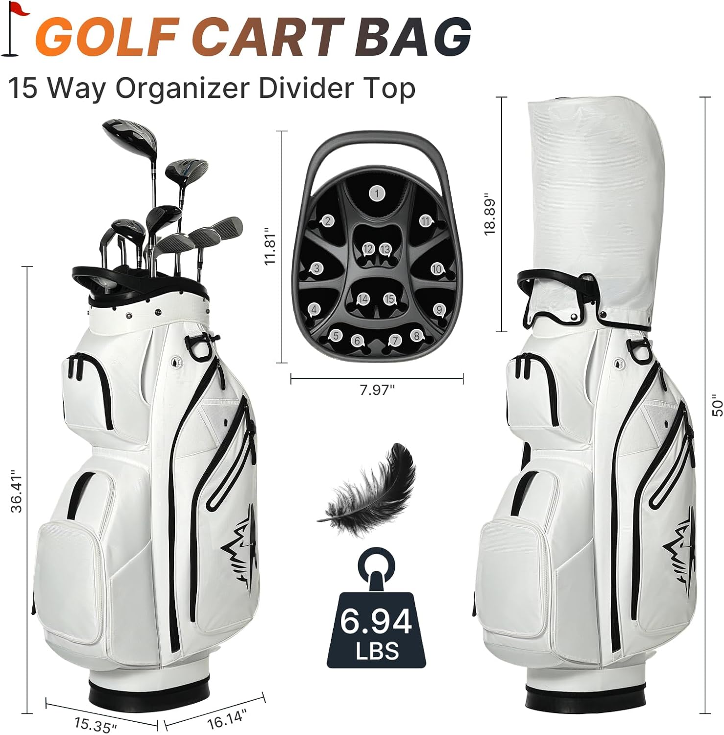 Golf Cart Bag 15 Way Organizer Divider Top Golf Club Bags Lightweight Golf Cart Bags for Men Women with Cooler, Magnetic Pocket and Rain Cover