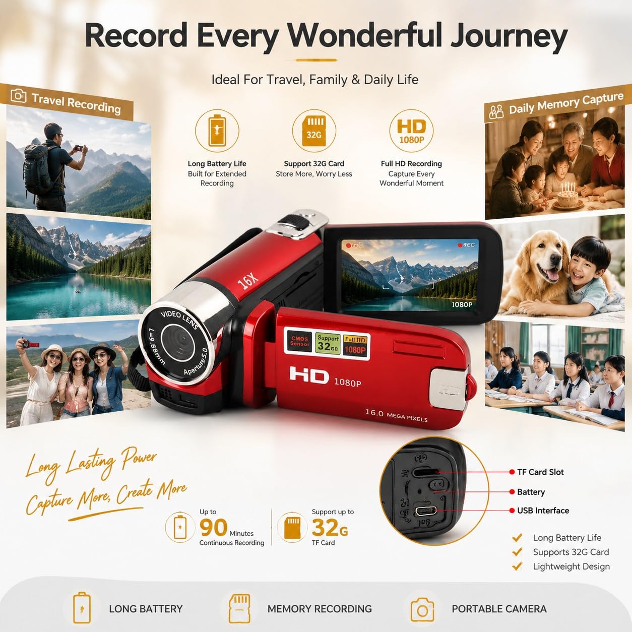 Appareil Photo Compact, Appareil Photo Vintage, Caméra Vidéo, Appareil Photo Numérique 1080P 16MP, Caméscope à écran Rotatif de 2,4 Pouces, Zoom 16X, Enregistreur Vidéo HD avec
