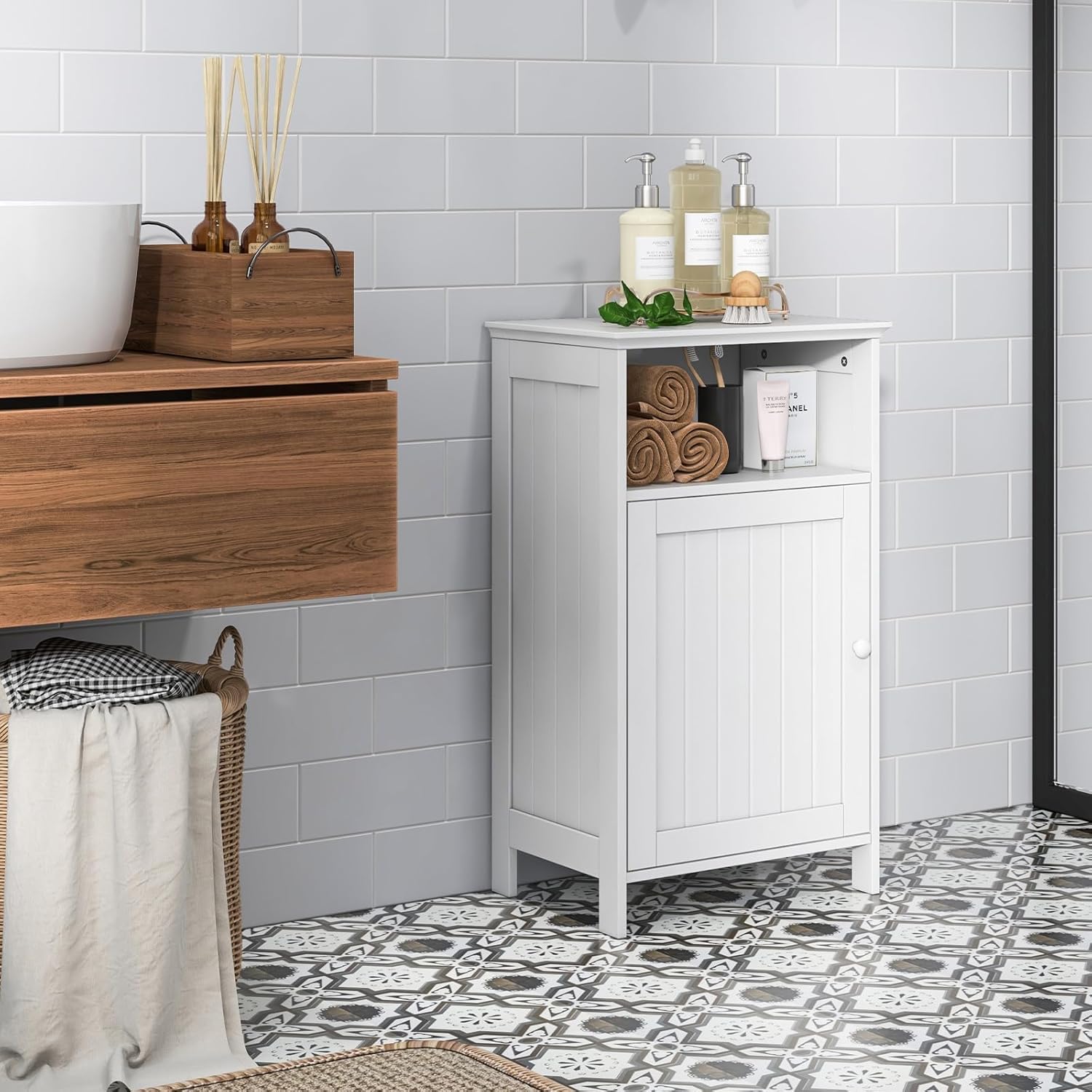 Tangkula Bathroom Storage Cabinet, Freestanding Wooden Single Door Side Floor Organizer with Adjustable Shelf, Small Bathroom Cabinet for Small Spaces, Living Room (White)