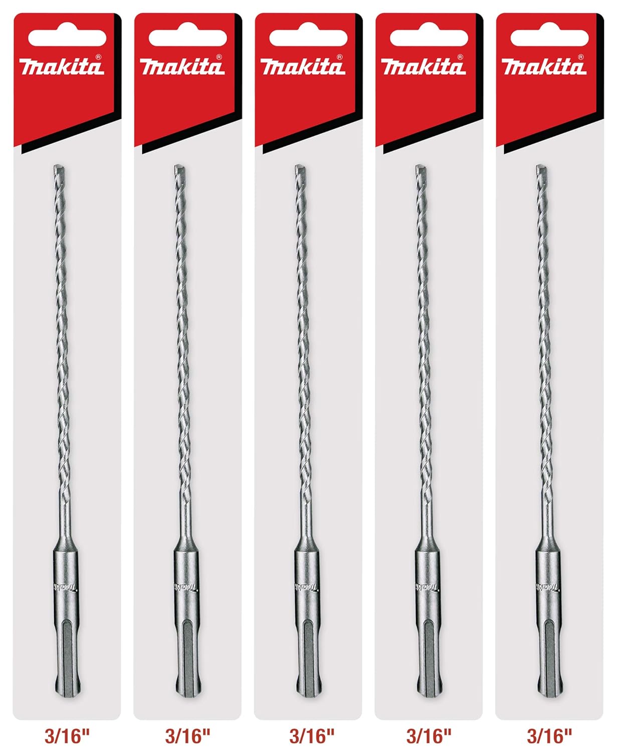 Makita 5 Pack - SDS-Plus 3/16” Drill Bits for SDS+ Rotary Hammers - 6" Deep Drilling Into Concrete & Masonry