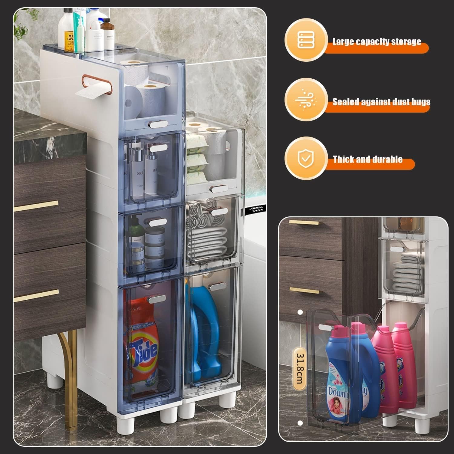 Carrello portaoggetti scorrevole sottile a 3 livelli, carrello da cucina con cassetti, organizer stretto per lavanderia, ufficio, soggiorno