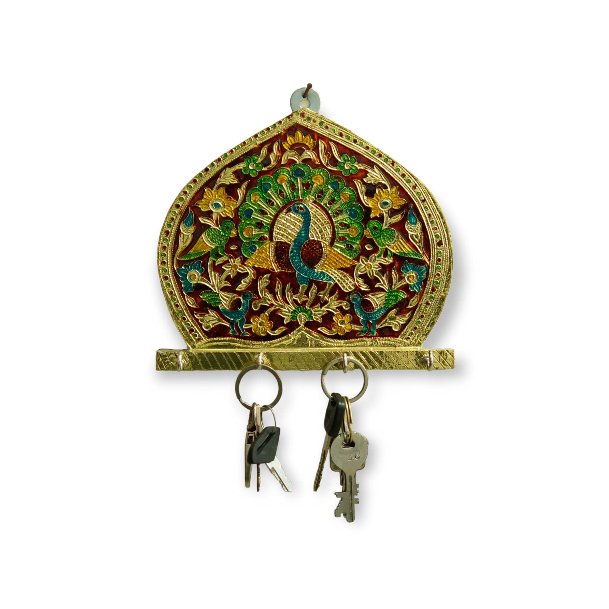 CraftMania Gold Plated Colorful minakari Metal Handicraft Peacock Key Holder Wall Hanging for Home Office Shop Decorative and Gifts, Multicolour, 7x8x0.5 inch-image-48