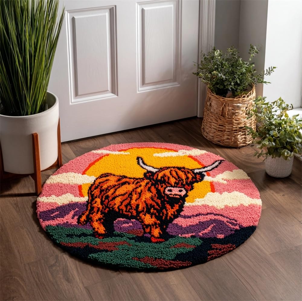 kitphoenix Latch Hook Kits for Adults, Sunset Highland Cow Cub