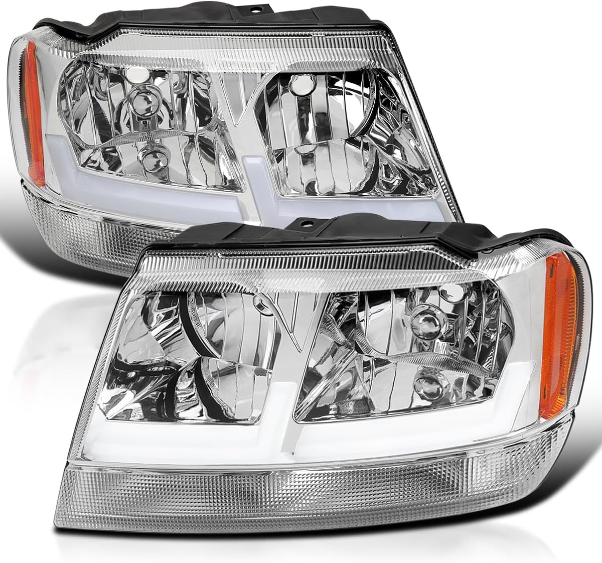 SPEC-D TUNING Chrome Headlights with Fiber Optic LED Strips Compatible with 1999-2004 Jeep Grand Cherokee, Left + Right Pair Headlamp Assembly
