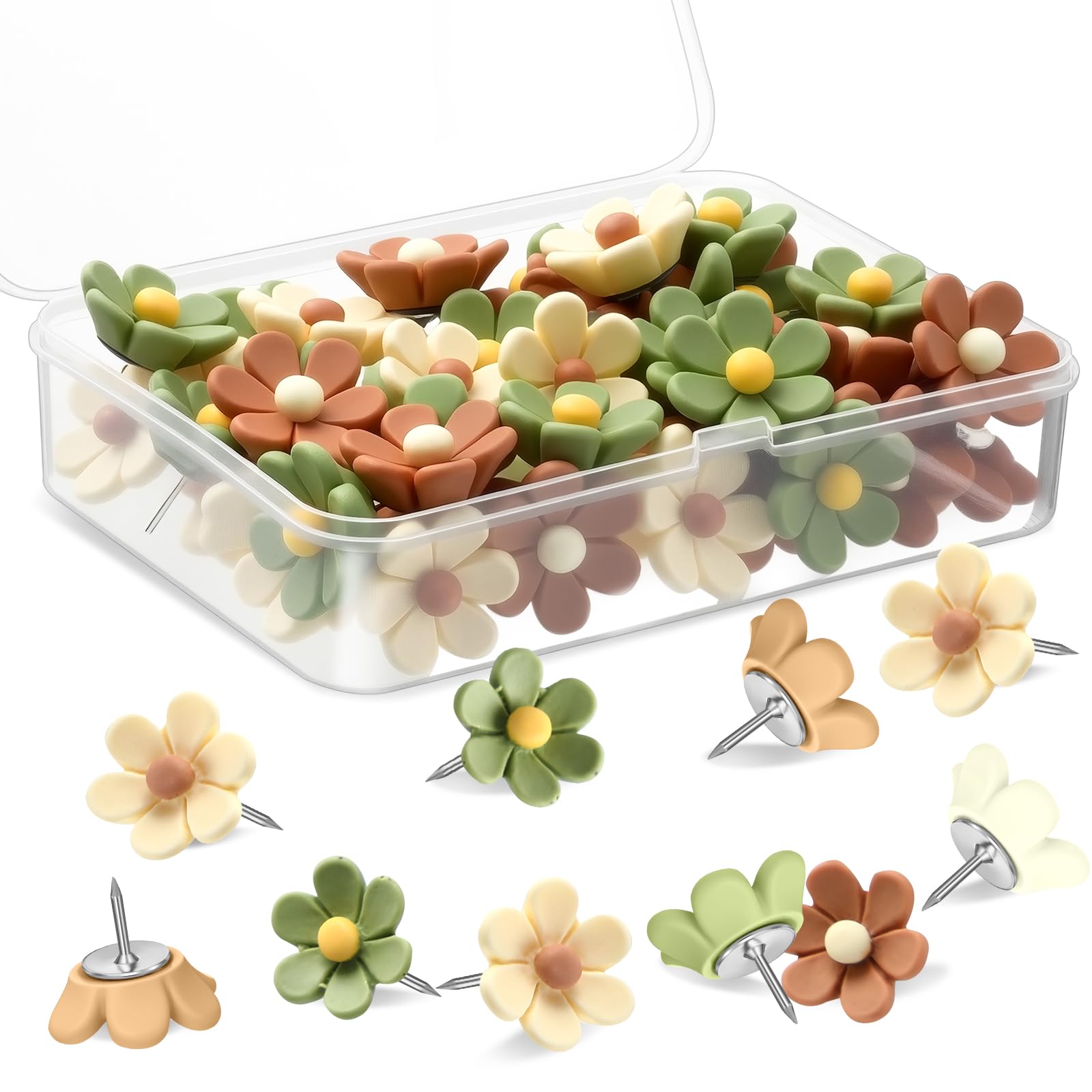 Sawysine 60 Pcs Cute Push Pins Decorative Push Pins Thumb Tacks Colorful Flower Pushpins, Flower Thumb Tack for Cork Board Wall Office Home(Coffee