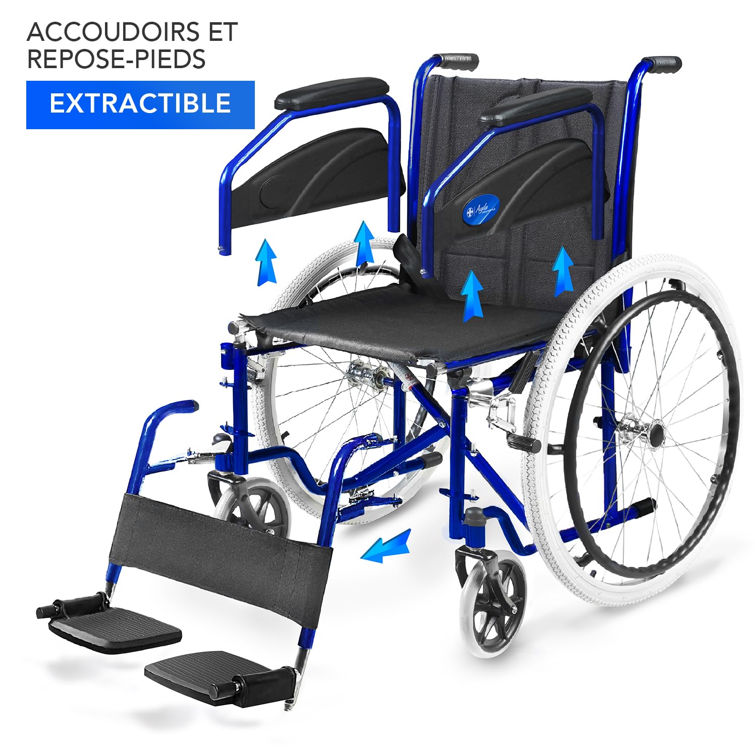 AIESI® Fauteuil Roulant pliable léger à autopousser pour handicapés et les personnes âgées AGILA EVOLUTION, Accoudoirs et repose-pieds amovibles, Ceinture de sécurité, Pompe à air, Garantie 24 mois