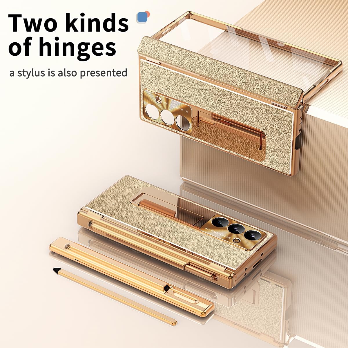 for Samsung Galaxy Z Fold 7 Case with S Pen Holder & Stylus, [Two Hinge Cover] Z Fold 7 Leather Case Kickstand Screen Protector Camera Protector Protective Cover for Z Fold 7 Rosegold