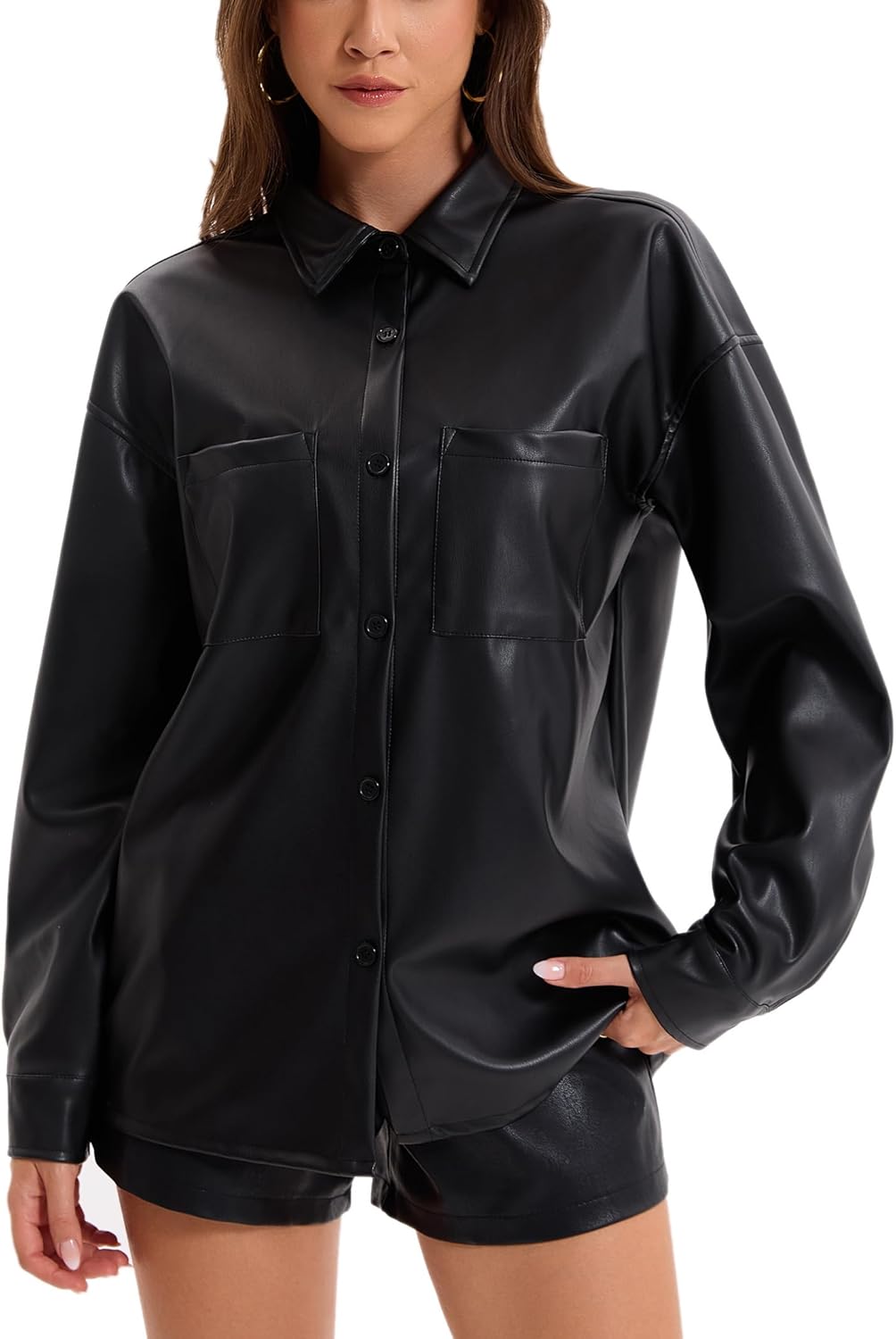 Women's Faux Leather Button-Down Shirt Jacket Lightweight Long Sleeve PU Blouse Shacket Tops - Image 2