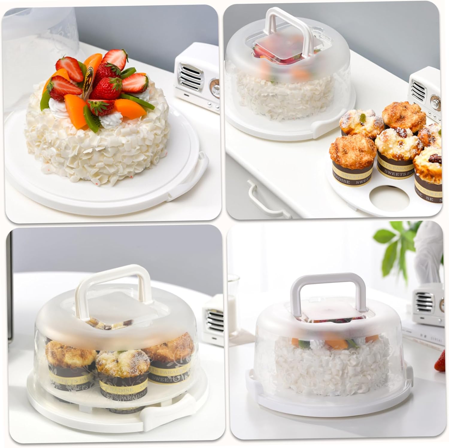 Cake Carrier with Lid and Handle 10" Portable Cake Carrier with Transparent Lid Washable Reusable Round Container for Cupcake, Pie, Dessert