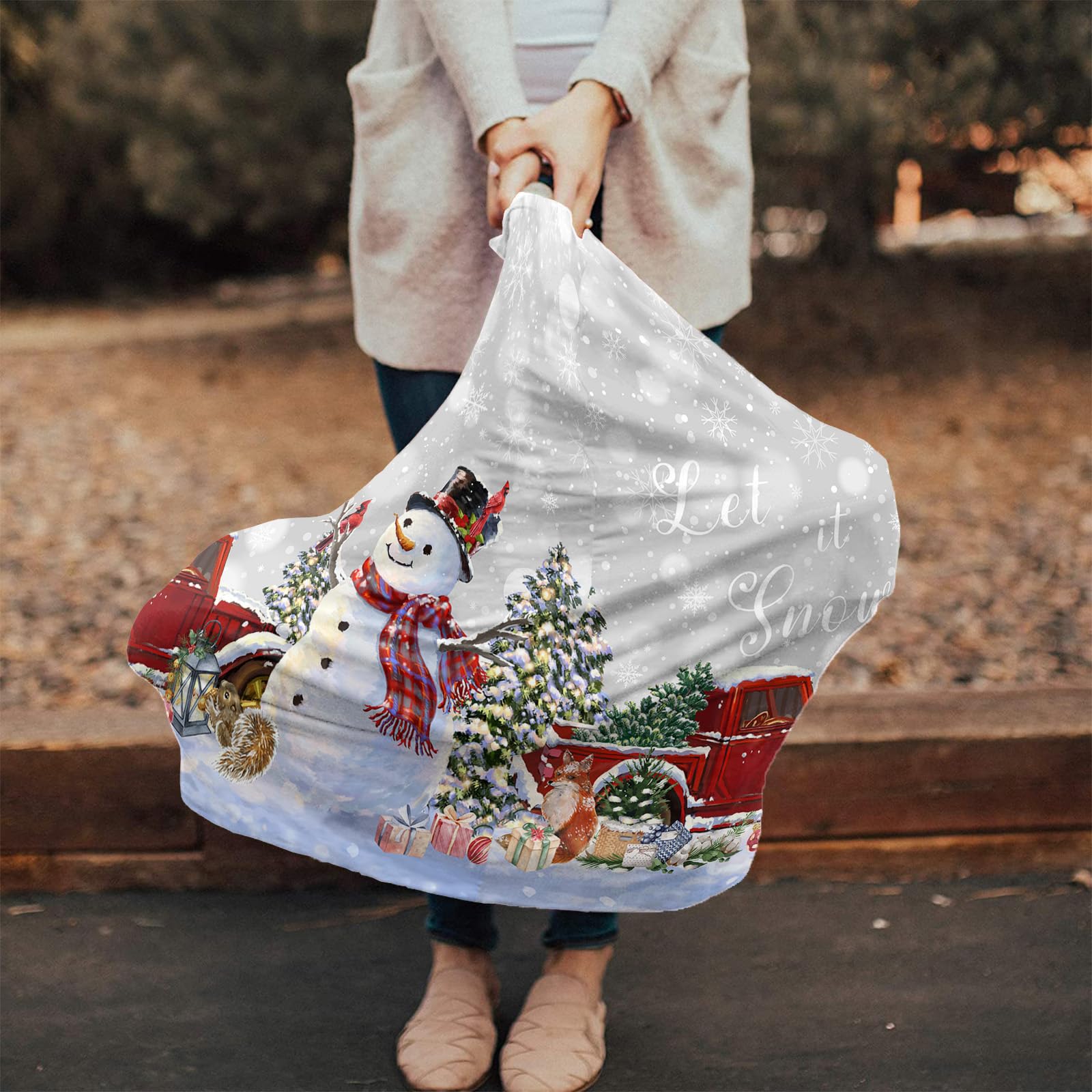 Nursing Cover for Breastfeeding Scarf, Merry Christmas Tree Truck Snowflake Xmas Snowman Grey Baby Car Covers Super Soft Multi Use for Canopy Shopping Cart Cover Blanket Stroller Cover