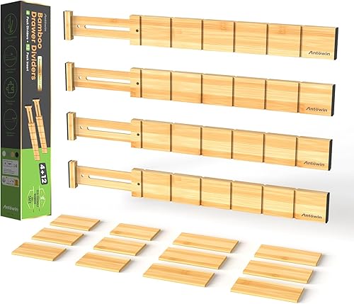 ANTOWIN Paquete de 4 separadores de cajones expandibles, 2.2 pulgadas de alto, se extienden de 17 a 22 pulgadas, organizadores de cajones de