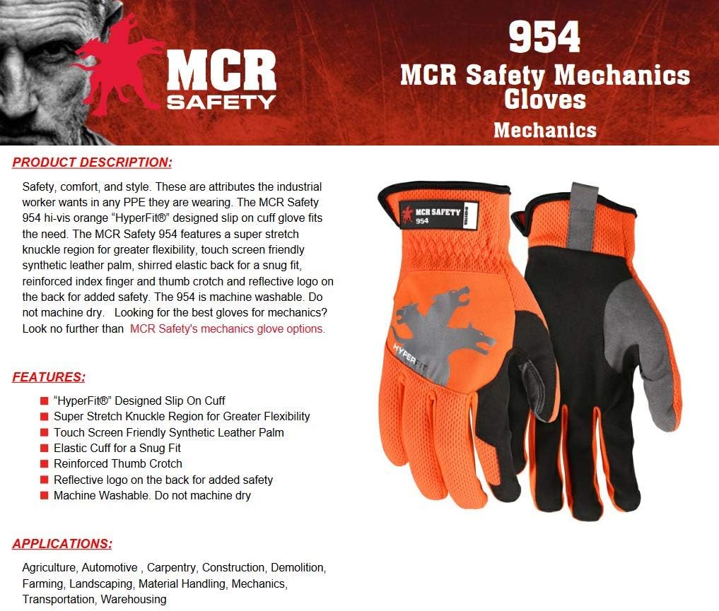 MCR Safety 954L HyperFit Mechanics Work Gloves, Synthetic Leather Palm Reflective Logo on Super