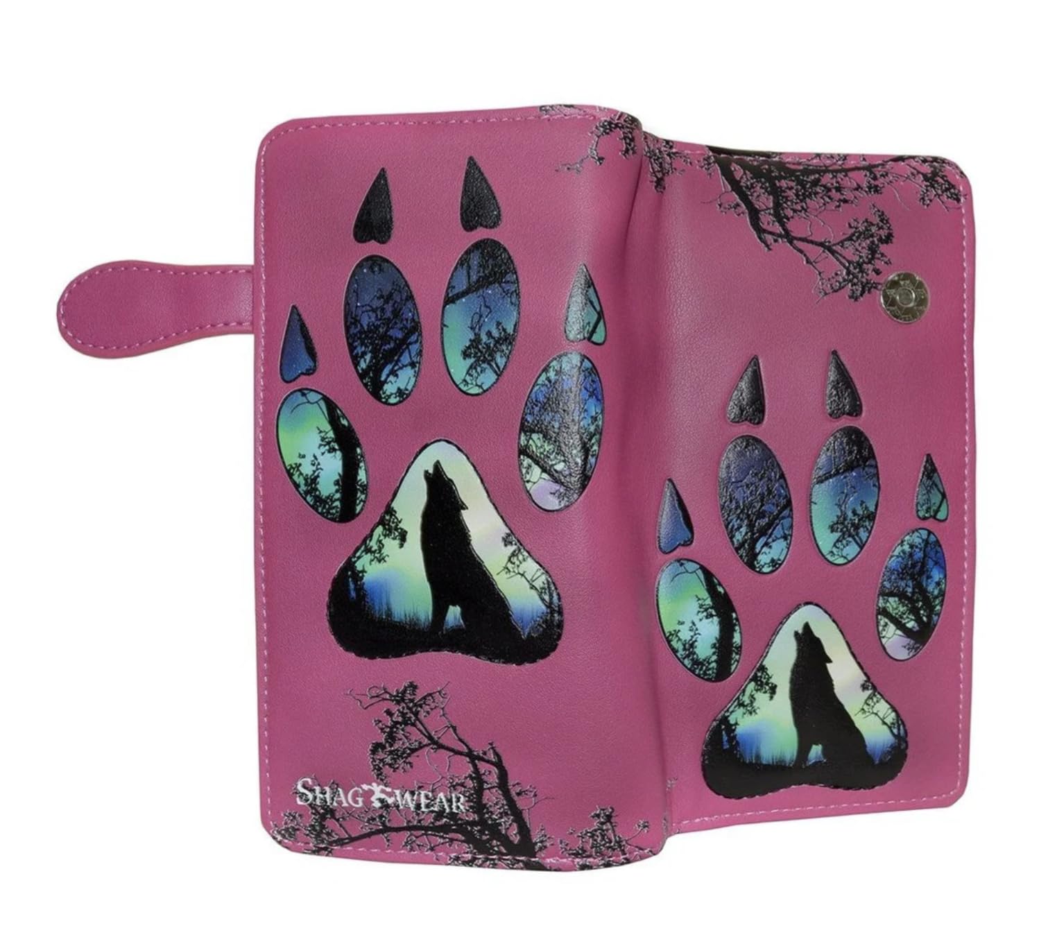 Shag Wear Wolf Paw Large Wallet Vegan Faux Leather Wildlife Design Clutch with Card Slots Bill Compartments ID Window Zippered Coin Pocket 7" Pink
