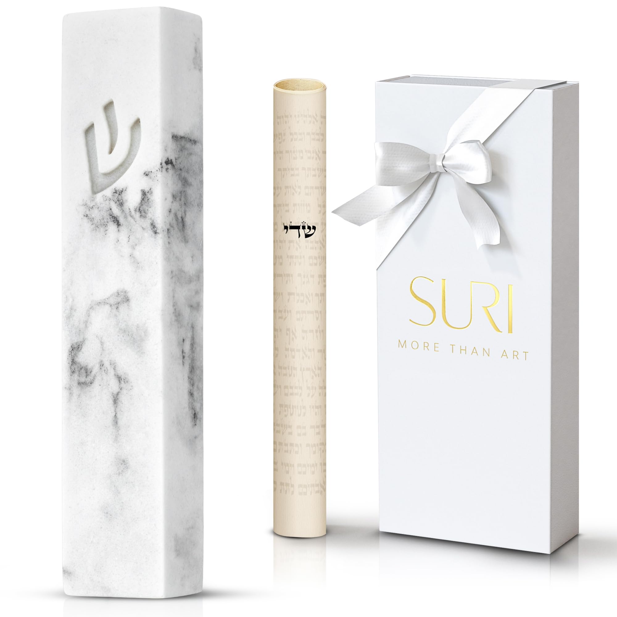 SURI Concrete Mezuzah for Door - Self-Stick Modern Case with Non-Kosher Scroll & Gift Box | Marble White, 4 & 5 Inch | Judaica Gift