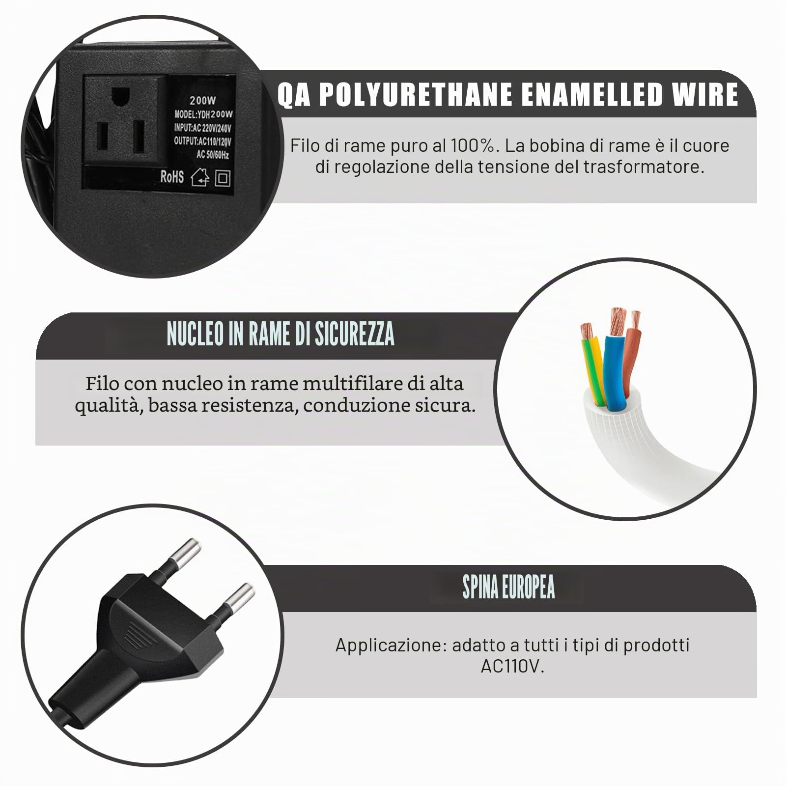 Trasformatore di tensione da 220 V a 110 V, 200 W, adattatore di alimentazione passo verso il basso, adattatore di corrente da viaggio, convertitore di tensione, spina EU