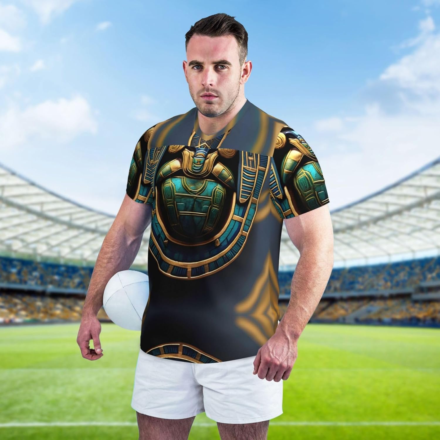 Egyptian Scarab Rugby Football Jersey for Men, Comfortable V-Neck Loose Fit Top for Team Sports Athletics