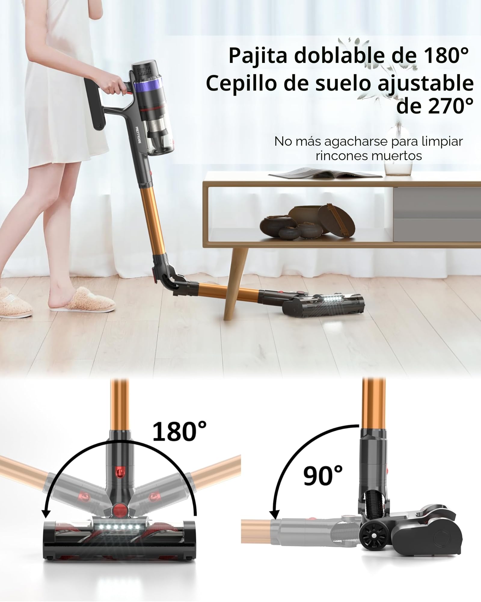 PRETTYCARE 45KPA/530W/60Mins Aspiradora sin Cable, Aspirador Escoba sin Cable Potente Modo Automático, Aspirador Inalámbrico Antienredo para Suelo/Alfombra/Pelos de Animales V3,2025 Actualización