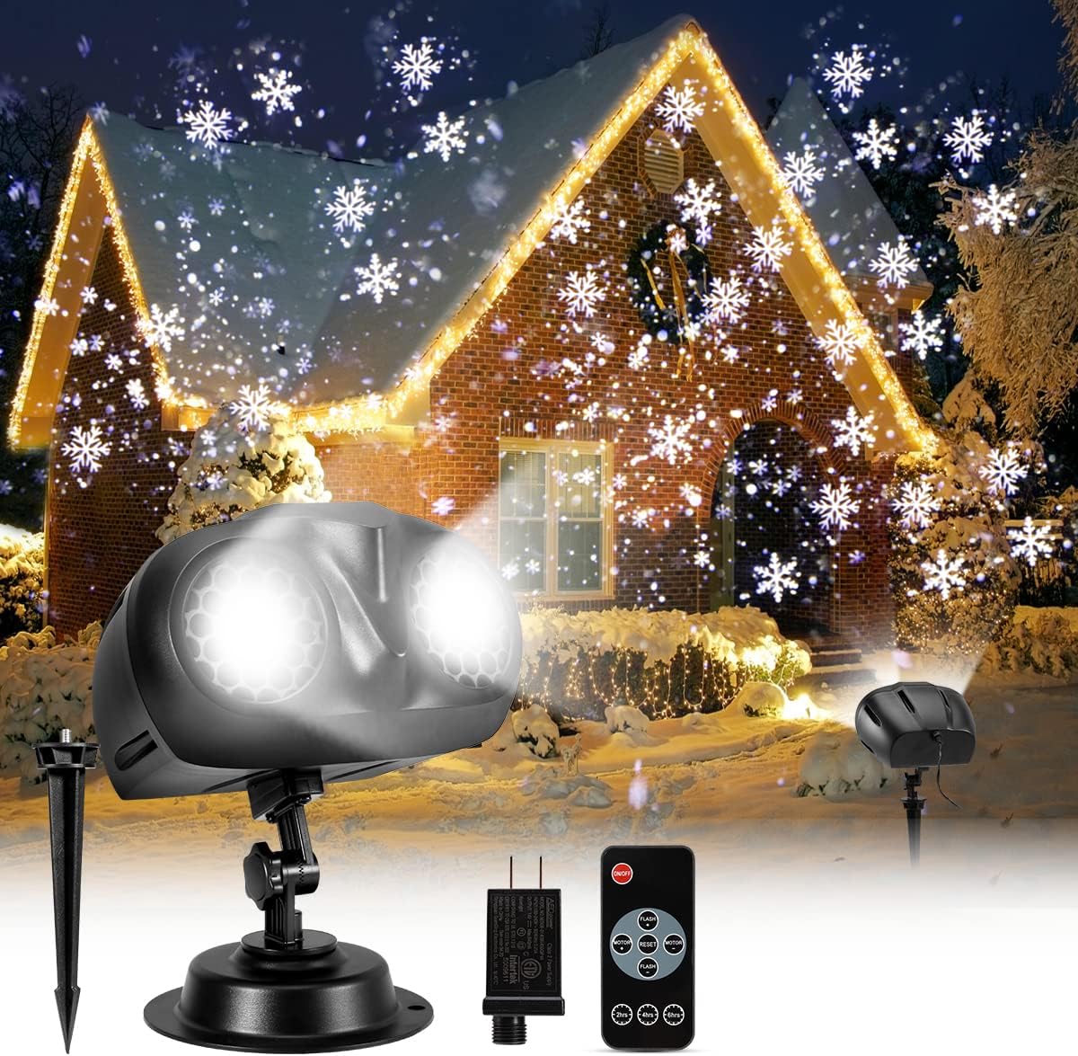 Christmas Projector Lights Outdoor, Greenclick Upgraded 2-in-1 Rotating Snowflake Projector with Remote Timer IP65 Waterproof LED Christmas Snowfall Projection Lamp for Xmas Holiday House Decoration