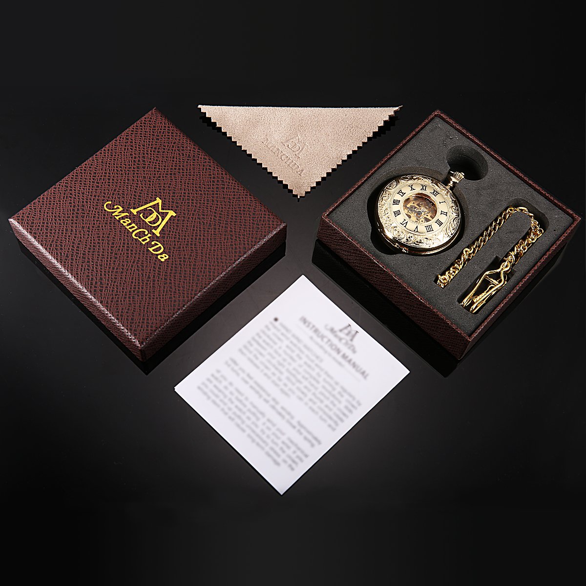 ManChDa Relojes de Bolsillo mecánicos de Doble Cubierta con números Romanos, Esfera de Esqueleto Grabado, con Caja y Cadena, Grabado Personalizado