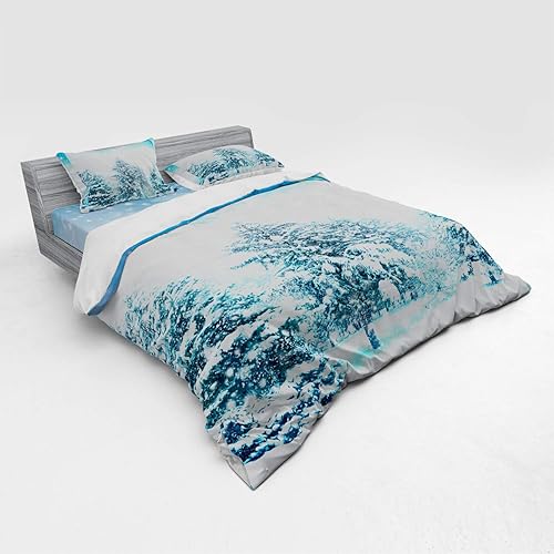 Miniatura 2 de Ambesonne Winter Duvet Cover Set, Snow Covered Fir Trees on Mountainside Blizzard Arctic Woodland Tranquil Outdooors, 4 Piece Bedding Set with Shams
