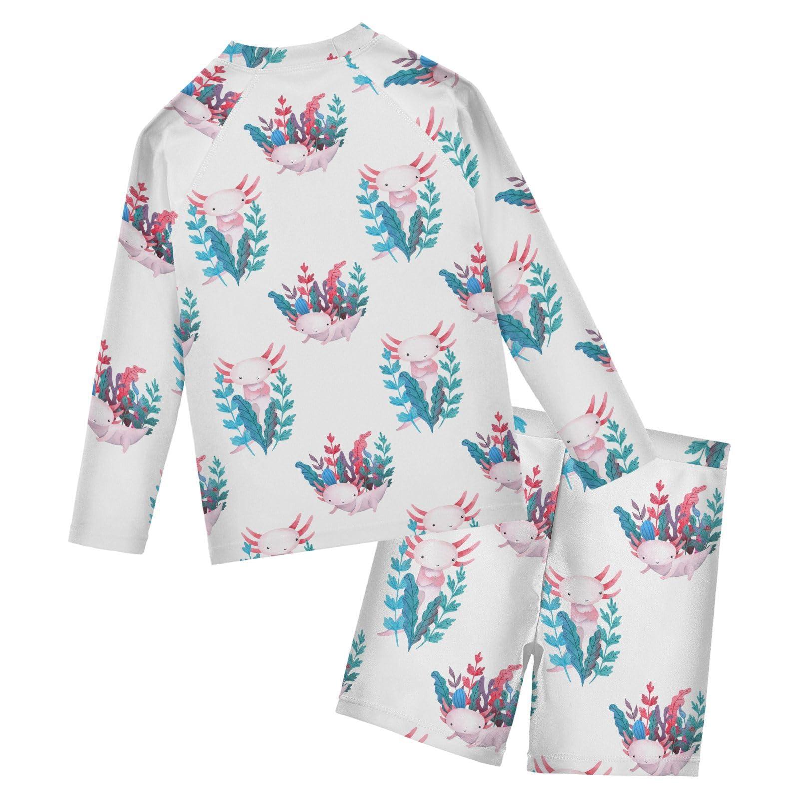 Aflyko Kids' Bathing Suit Set Floral Pinks Axolotl Long Sleeve Swim Tops with Shorts Summer Vacation Pool Party Rashguard Fun Cute Toddler Infant Beachwear, 4T