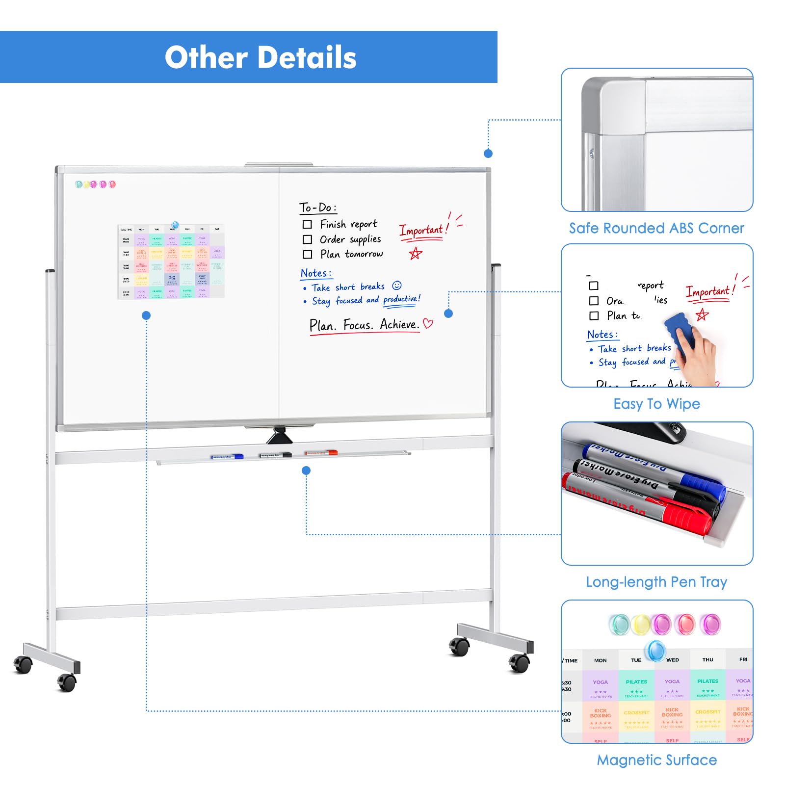TRIPOLLO Rollendes Whiteboard, doppelseitig, 72 x 40 cm, groß, mobil, trocken abwischbar, 360° wendbar, stehend, magnetisch, Whiteboard auf Rädern für Schule, Klassenzimmer, Büro