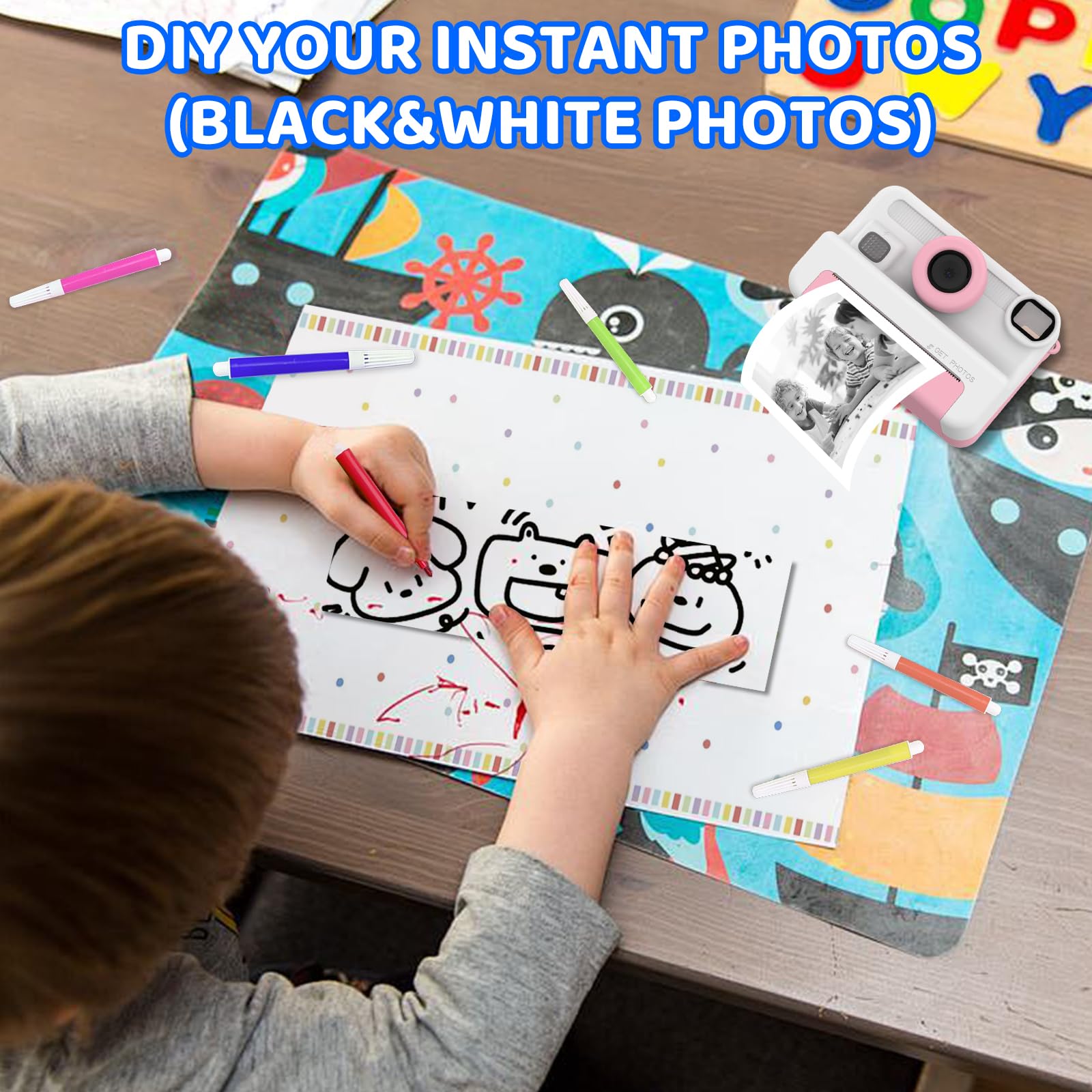 Macchina fotografica bambini istantanea,Regalo di Natale e Compleanno per giochi Bambina 4 5 6 7 8 9 10 11 12 Anni, Fotocamera Digitale Selfie 1080P con 3 Rotoli di Carta Termica e Scheda da 32GB