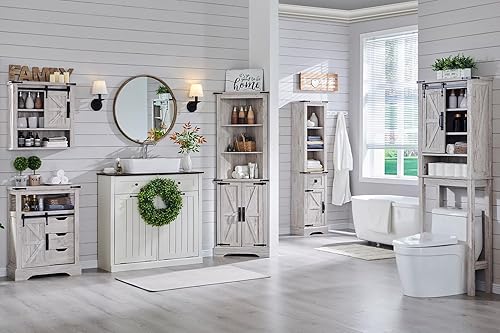 Miniatura 10 de OKD Gabinete de almacenamiento sobre el inodoro gabinete de almacenamiento de granja sobre el inodoro con puerta corrediza de granero y estantes