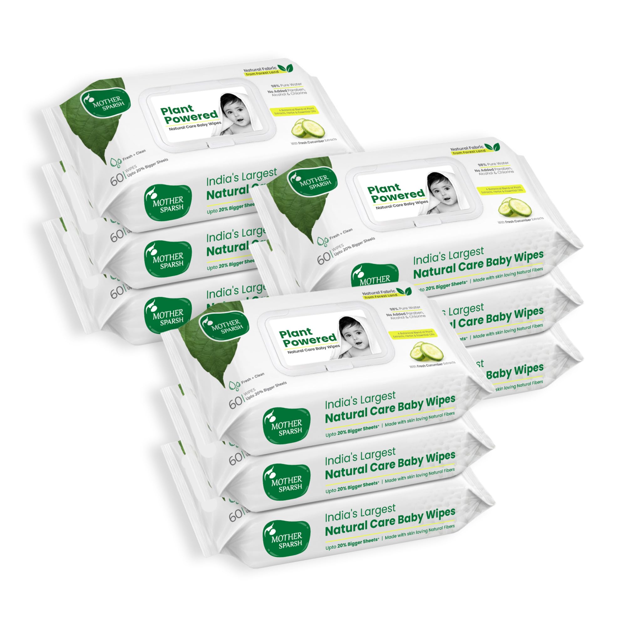 Mother Sparsh Natural Care Baby Wipes 60 Pcs (Pack of 9) I 100% Plant Made Fabric From Forest Land | Fresh+Cleanse (with Cucumber) Plant Powered Wet Wipes For Baby I Cotton Cloth Like Bigger Sheets