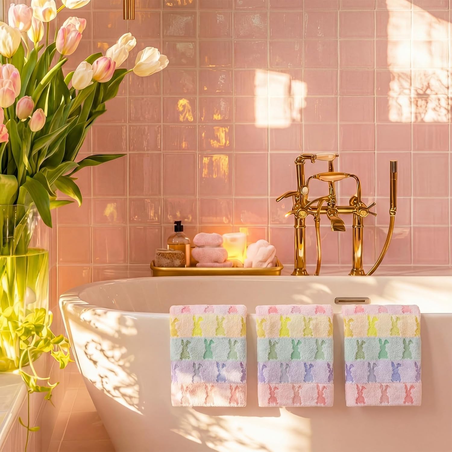 Hahafelt 3 Pcs Easter Hand Towels for Bathroom Easter Bunny Egg Rabbit Pattern 100% Cotton Absorbent Cute Spring Decorative Towels for Bathroom Kitchen Decor Gift, 13.4 x 30 Inch (Pastel,Rabbit)