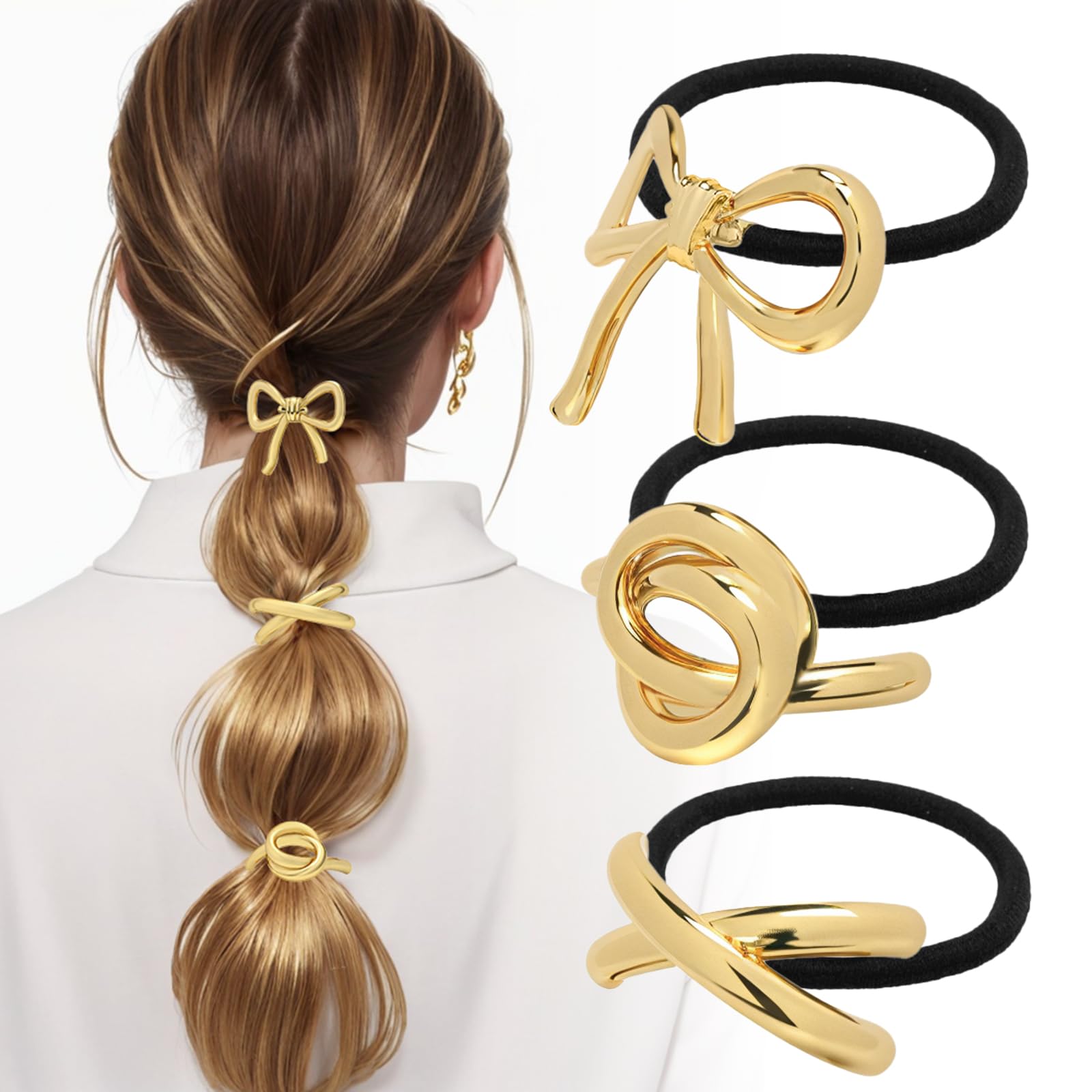 JIRIS 3PCS Metal Hair Tie For Women,Gold Cuffs,Metal Geometric Gold Hair Ties, Hair Accessories Stretchy and Non-Damage Ponytail Holders,Ponytail Cuff