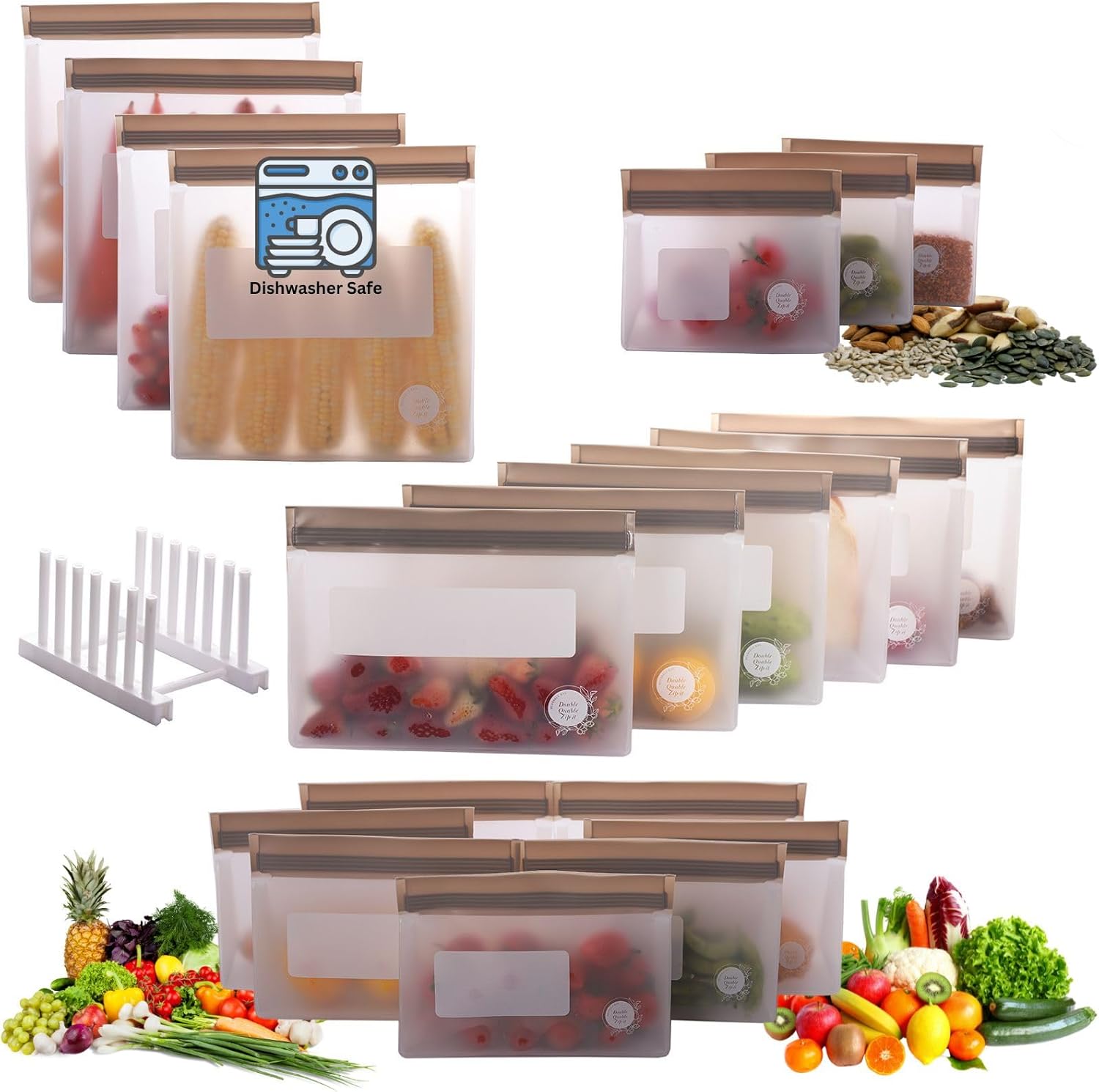 Reusable Silicone Food Storage Bags – 21-Pack Stand-Up, BPA-Free, Freezer, Dishwasher Safe & Eco-Friendly – 4 Gal, 6 L, 7 M, 3 S + Rack – Airtight Leakproof Sandwich, Snack, and Meal Prep Bags (Grey)