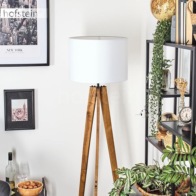hofstein Bassagoda vloerlamp, vloerlamp van hout/metaal/stof in naturel/zwart/wit, lamp in Scandinavisch design met stoffen kap (Ø 40 cm) en voetschakelaar, hoogte 161 cm, 1 x E27, zonder gloeilamp photo 3