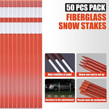 50 Pack 48 inch 4' Feet Fiberglass Snow Stakes, 5.5 + 5.5 Reflective Stickers, Driveway Markers, Garden Stakes Poles, Traffic Post Cones for Snow Plowing Driveways, Car Parking, Sidewalks